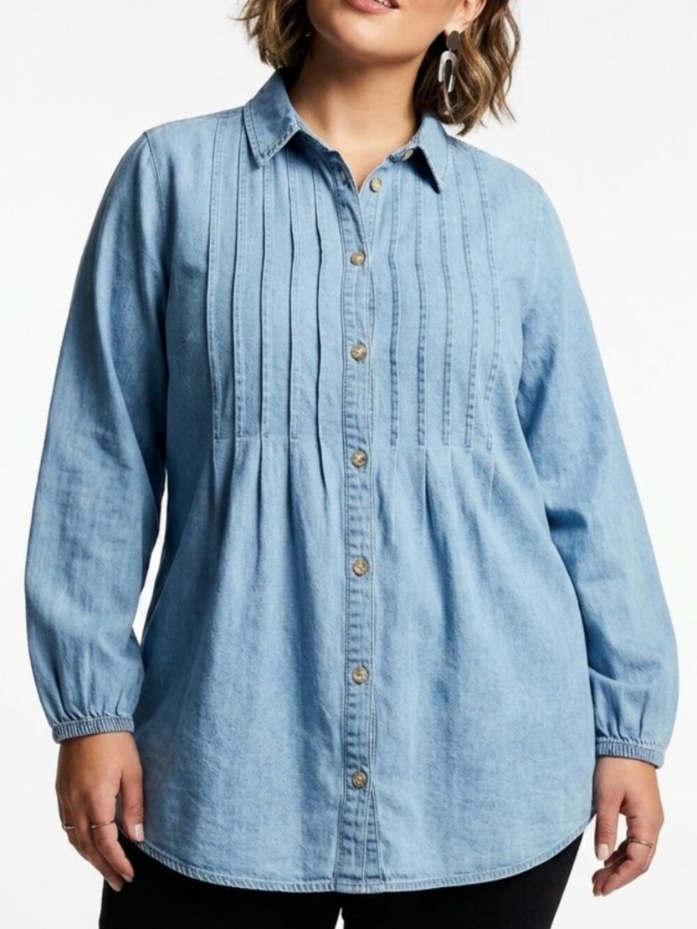 TERRA & SKY Coastal Grandmacore Light Wash Chambray Pintuck Tunic Top 3X
